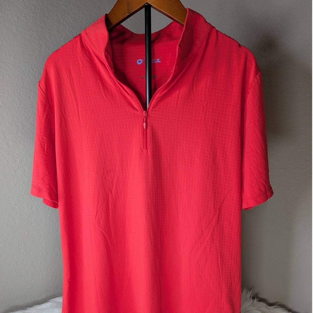 IBKUL Quarter Zip Polo Women Large Red IceFil Short Sleeve Mock Neck Top